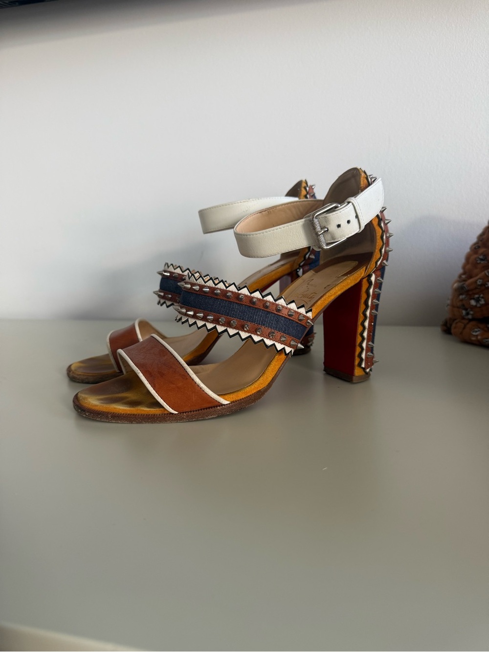 Christian Louboutin Multicolor Denim, White & Brown Block Heel Sandals - Picture 2 of 4